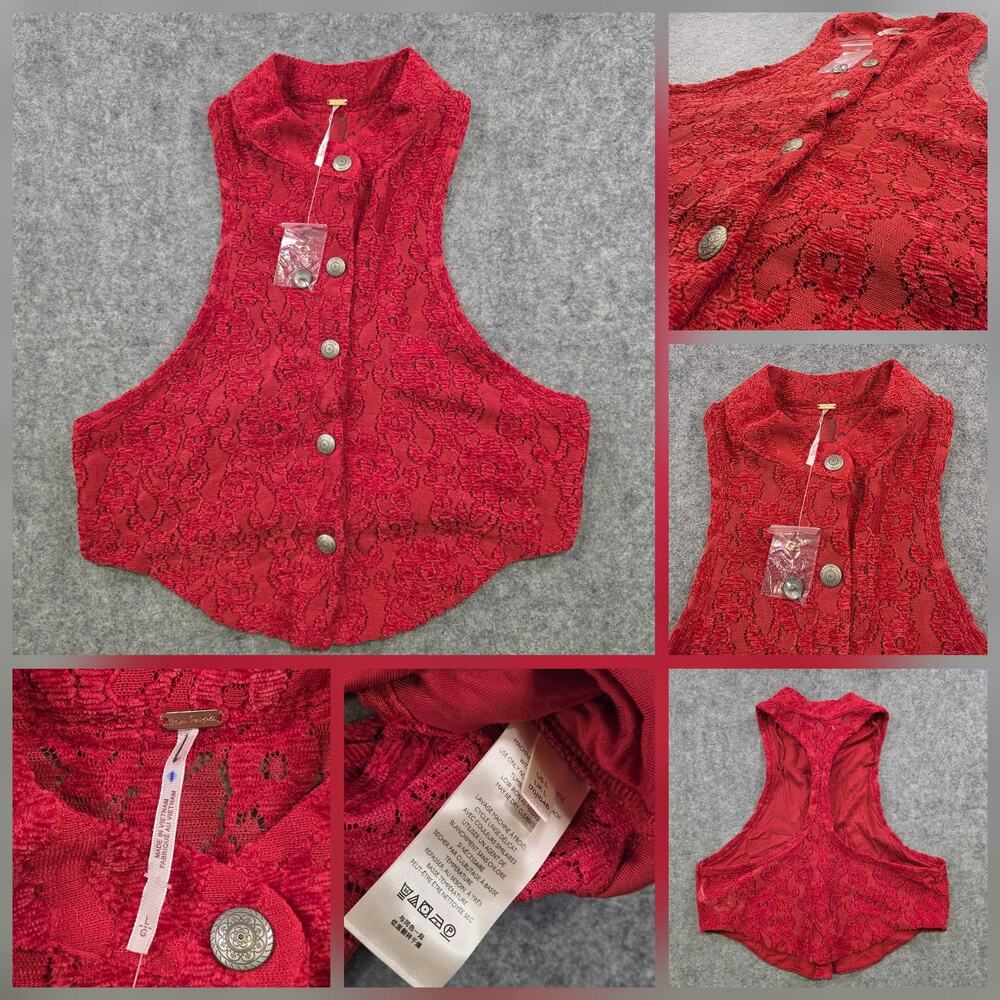 Free People X Revolve Rare Top Vest Womens Large‎ Red Lace Button Front Boho